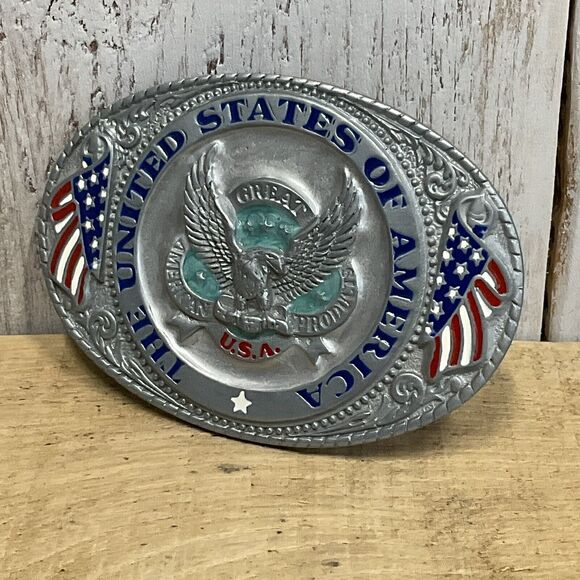 The United States of America Belt Buckle 1986 Mens Patriotic Military Silvertone - Picture 1 of 6